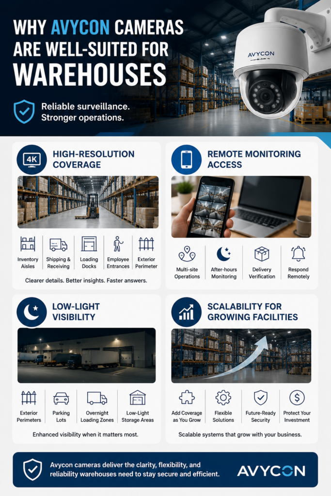 Avycon warehouse surveillance camera infographic showing high-resolution security coverage, remote monitoring access, low-light visibility, and scalable video surveillance solutions for Bay Area warehouse facilities.
