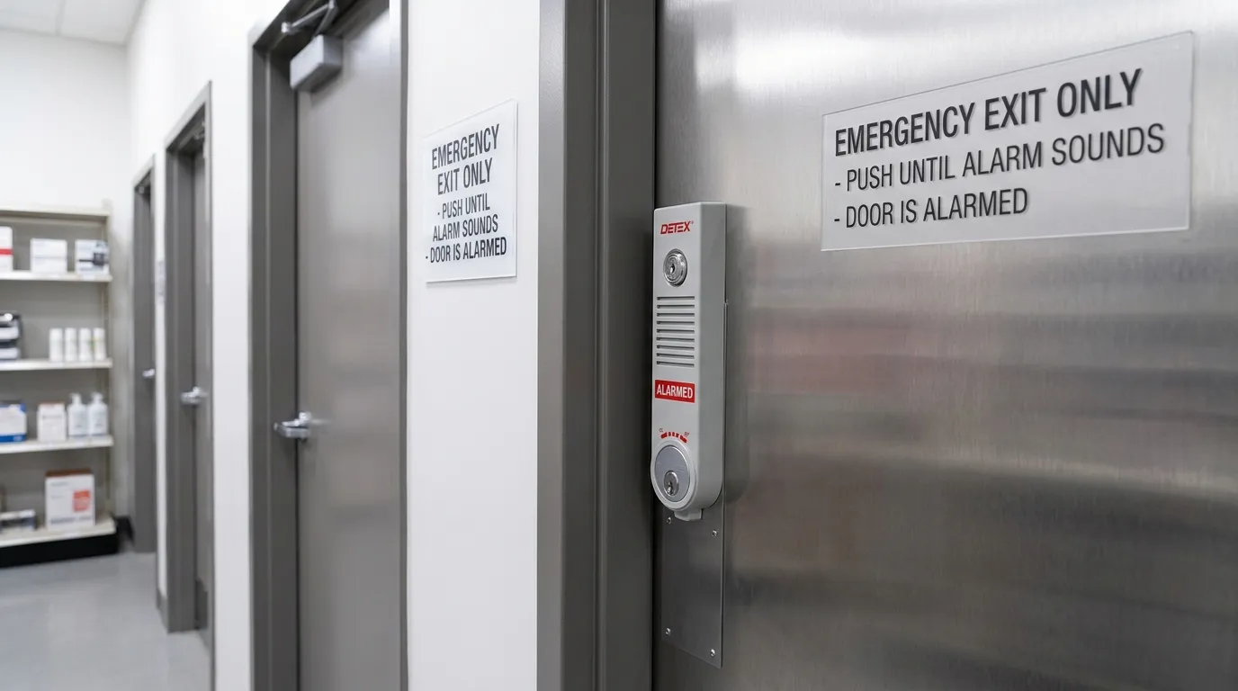 Detex EAX-500 door alarm mounted for retail exit security
