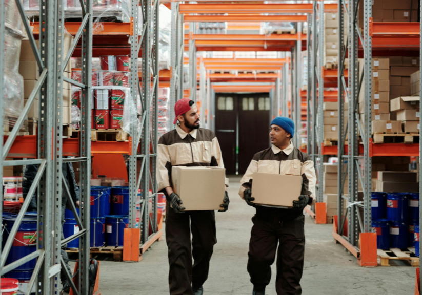 Warehouse employees carrying inventory boxes through a commercial storage aisle with tall industrial shelving, illustrating warehouse operations, logistics management, and commercial facility security in a Bay Area distribution center.